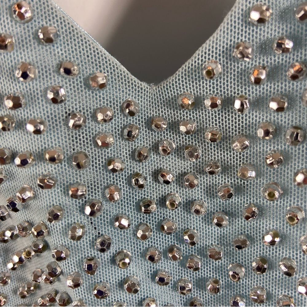 Xscape Light Blue Silver Metallic Beaded Cocktail Mini Dress Draped Size 10 - Picture 13 of 15